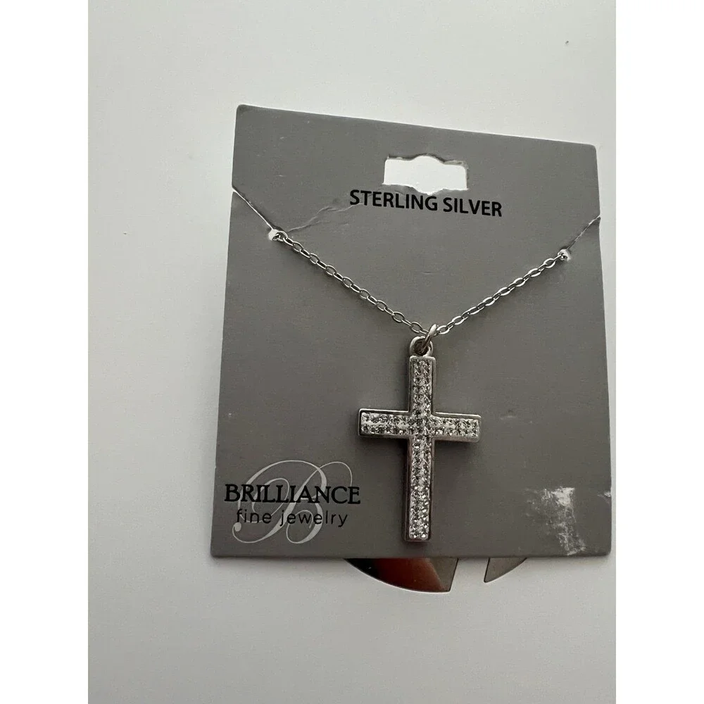 Cross pendant Necklace 925 Sterling Silver crystal details very sparkly new